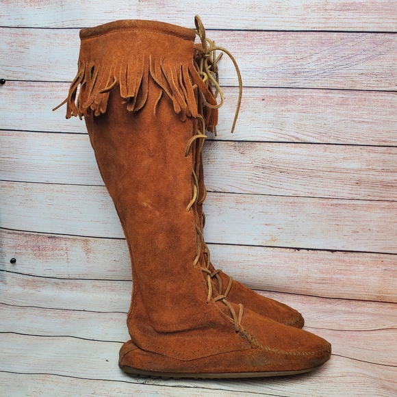 Minnetonka 1422 Brown Leather Knee High Fringe Moccasin Boots Womens Sz 8 - Picture 8 of 16